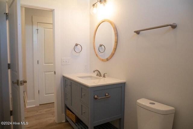 bathroom with hardwood / wood-style flooring, vanity, and toilet