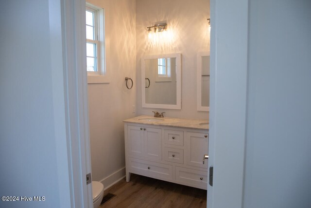 bathroom with hardwood / wood-style floors, vanity, and toilet