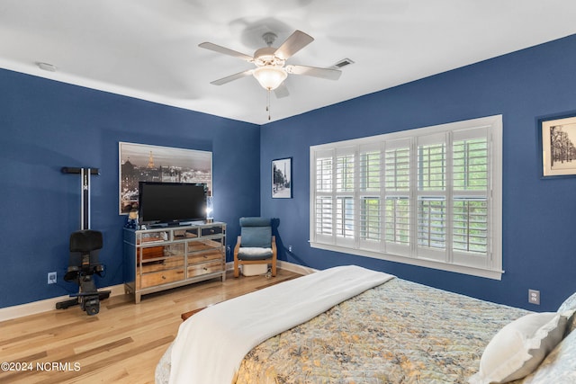 bedroom featuring ceiling fan and wood-type flooring