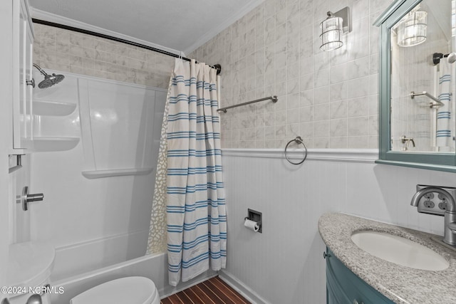 full bathroom with shower / bathtub combination with curtain, vanity, wood-type flooring, crown molding, and toilet