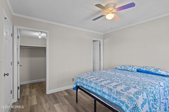 bedroom with a closet, wood-type flooring, crown molding, ceiling fan, and a walk in closet