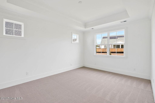 carpeted spare room with a raised ceiling, baseboards, and visible vents