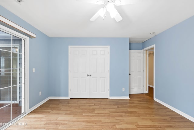 unfurnished bedroom featuring access to exterior, ceiling fan, and light hardwood / wood-style floors