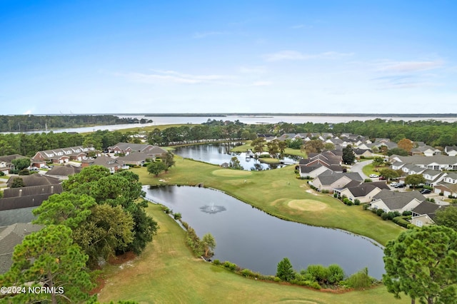 aerial view featuring a water view, view of golf course, and a residential view