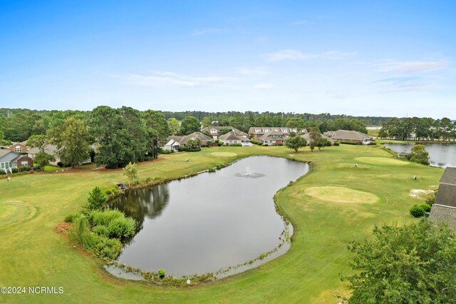 bird's eye view with a residential view, a water view, and golf course view