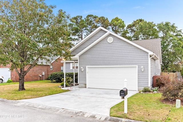 single story home featuring a garage, driveway, and a front yard