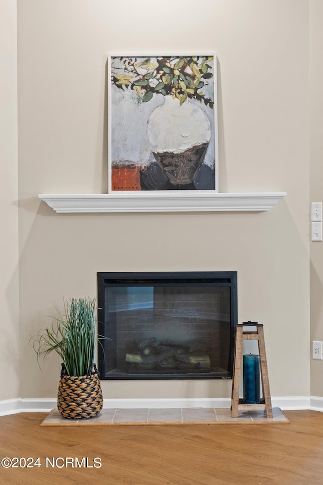 details featuring baseboards, a glass covered fireplace, and wood finished floors