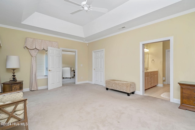 sitting room featuring light carpet, a raised ceiling, ceiling fan, and crown molding