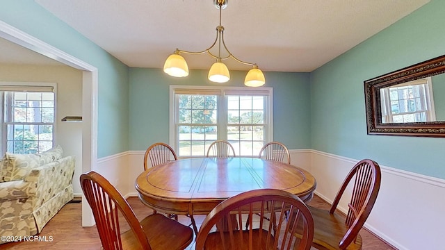 dining area featuring a notable chandelier, hardwood / wood-style flooring, and plenty of natural light