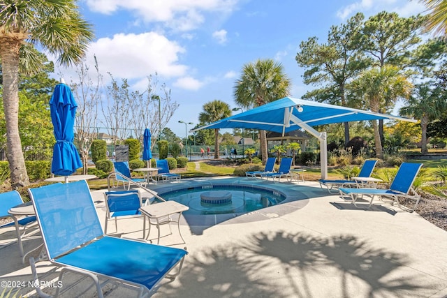 view of pool featuring a patio and a jacuzzi