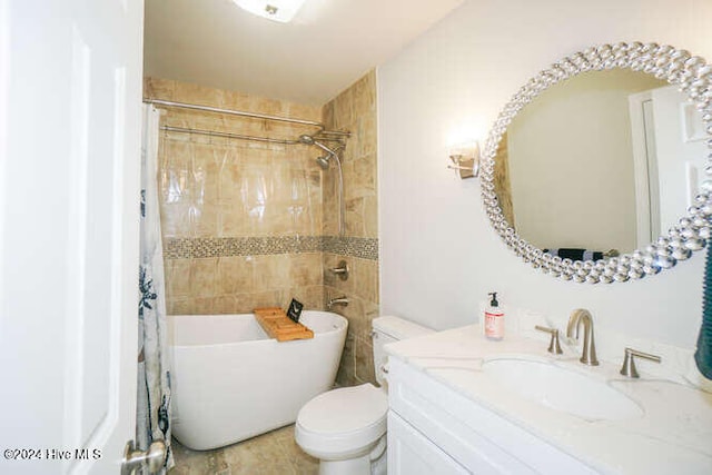 full bathroom with a freestanding bath, vanity, and toilet