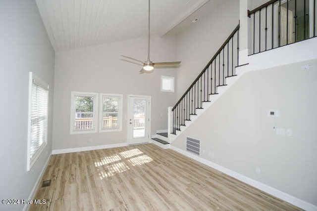 unfurnished living room with high vaulted ceiling, ceiling fan, and light hardwood / wood-style flooring