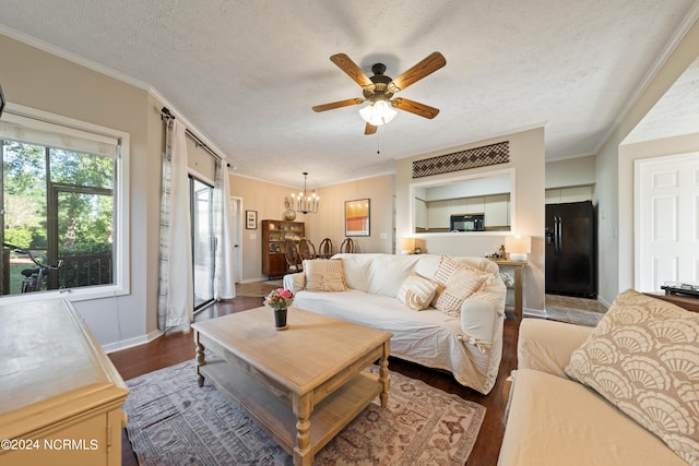 living room featuring a textured ceiling, ceiling fan with notable chandelier, crown molding, and hardwood / wood-style floors