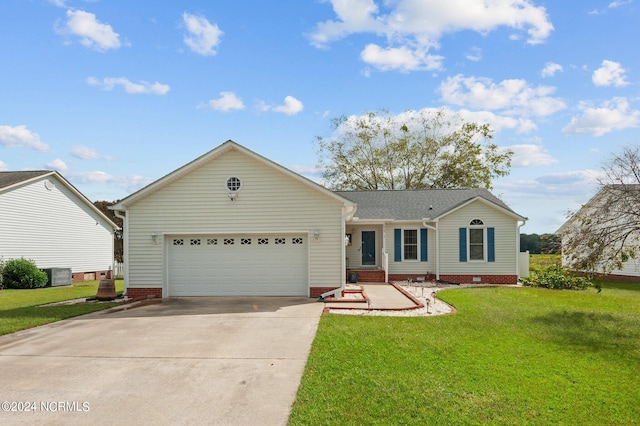 ranch-style home with a garage, central AC, and a front lawn