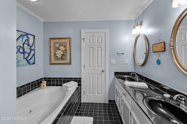 bathroom featuring vanity, a relaxing tiled tub, tile patterned flooring, and a textured ceiling