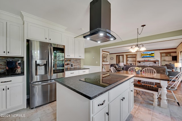 kitchen featuring black electric cooktop, a kitchen island, white cabinets, island exhaust hood, and stainless steel refrigerator with ice dispenser