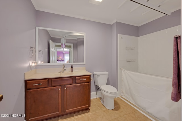 bathroom with toilet, curtained shower, tile patterned floors, ornamental molding, and vanity