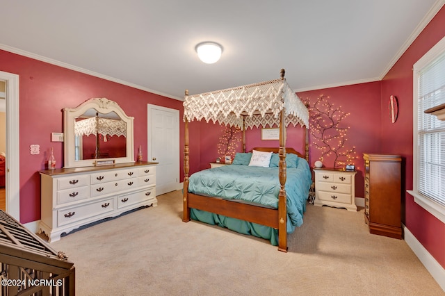 carpeted bedroom featuring crown molding