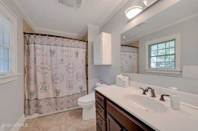 bathroom with ornamental molding, vanity, and toilet