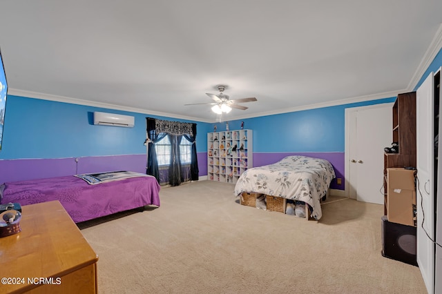 bedroom featuring ceiling fan, light colored carpet, crown molding, and a wall mounted AC