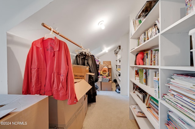 spacious closet featuring light colored carpet