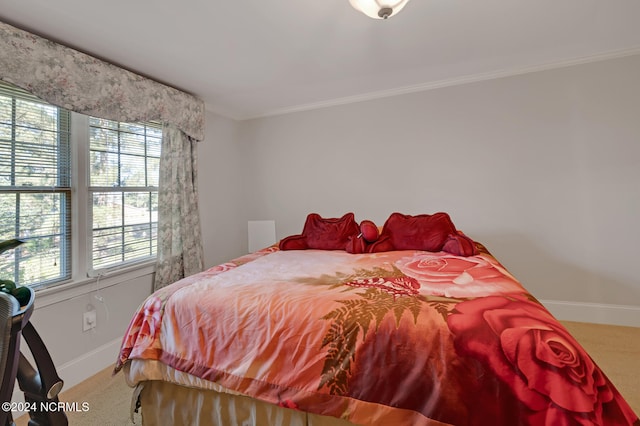 bedroom featuring ornamental molding and carpet