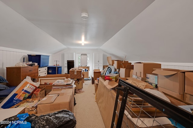 additional living space with lofted ceiling and light carpet