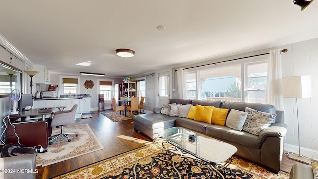 living room featuring wood-type flooring and crown molding