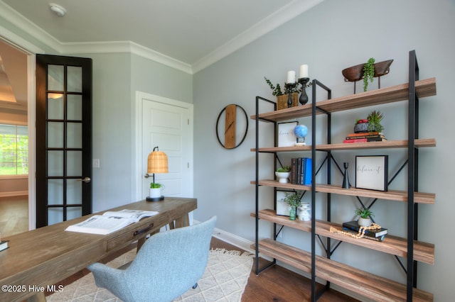 572 Hearthside Dr SE, Bolivia, NC 28422 - office space with baseboards, ornamental molding, and wood finished floors