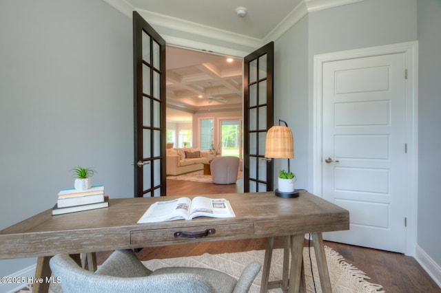 572 Hearthside Dr SE, Bolivia, NC 28422 - office space featuring coffered ceiling, ornamental molding, wood finished floors, beam ceiling, and baseboards