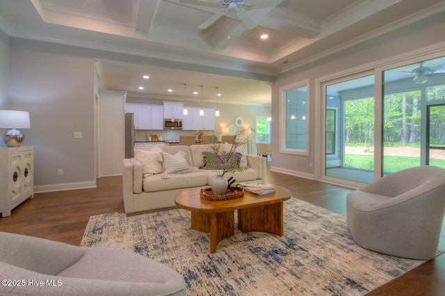 572 Hearthside Dr SE, Bolivia, NC 28422 - living area with a ceiling fan, ornamental molding, coffered ceiling, plenty of natural light, and baseboards
