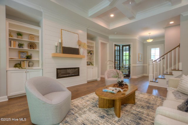 572 Hearthside Dr SE, Bolivia, NC 28422 - living area featuring crown molding, wood finished floors, a large fireplace, beam ceiling, and coffered ceiling