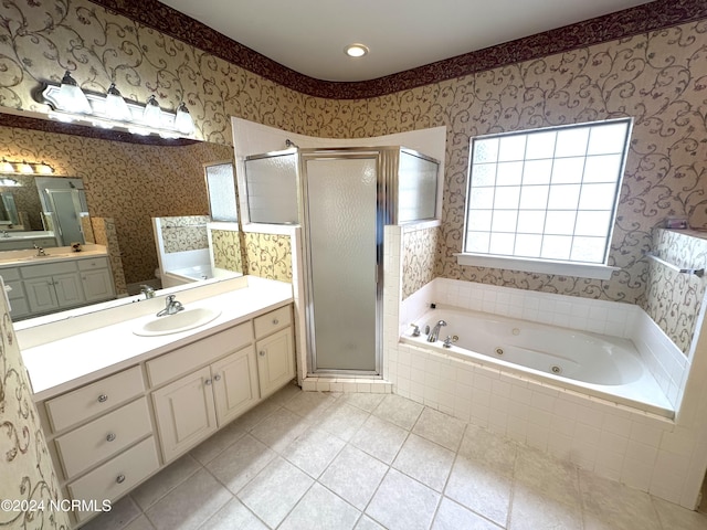 full bathroom featuring vanity, wallpapered walls, a tub with jets, and a shower stall