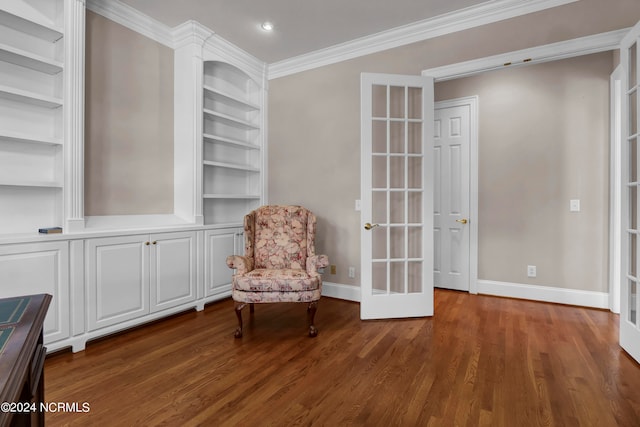 unfurnished room with dark wood-type flooring, built in features, french doors, and ornamental molding