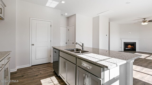 kitchen featuring gray cabinetry, a kitchen island with sink, sink, and dark wood-type flooring