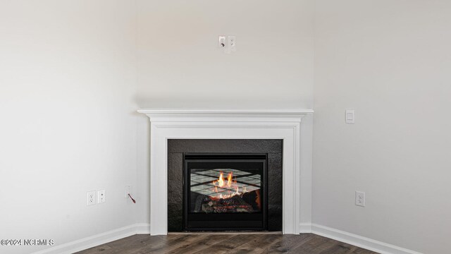 room details with wood-type flooring and a multi sided fireplace