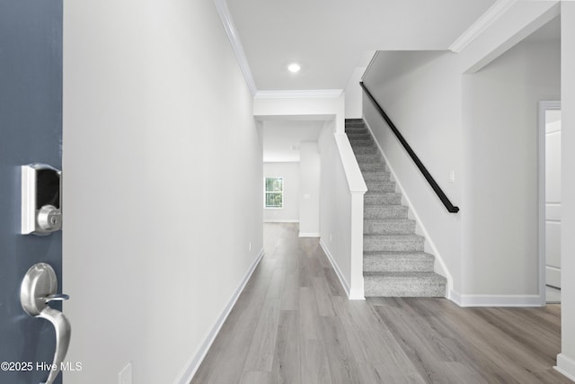 interior space with hardwood / wood-style floors and ornamental molding