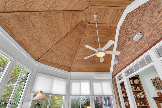 interior details featuring a wall mounted AC, ceiling fan, and wooden ceiling