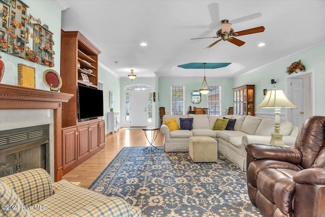 living room featuring ceiling fan, light wood-type flooring, and crown molding