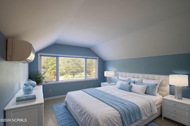 carpeted bedroom with lofted ceiling