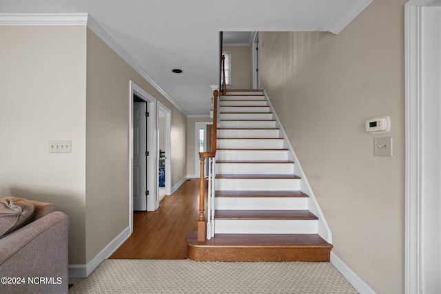 stairway featuring wood-type flooring and crown molding