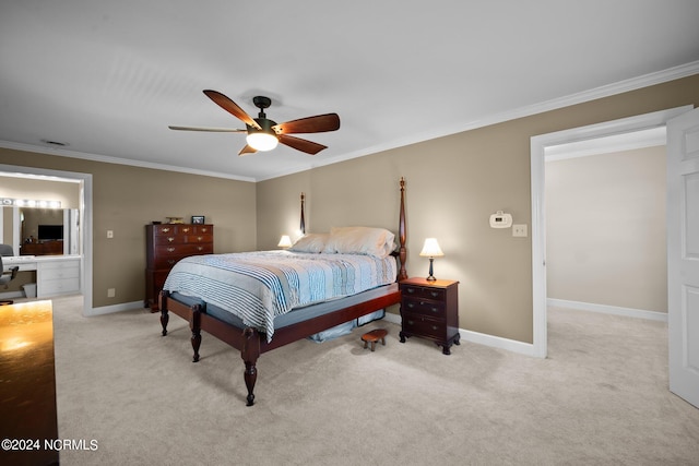 carpeted bedroom with crown molding and ceiling fan