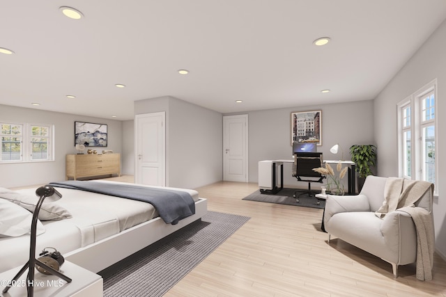 bedroom with light wood-type flooring and recessed lighting