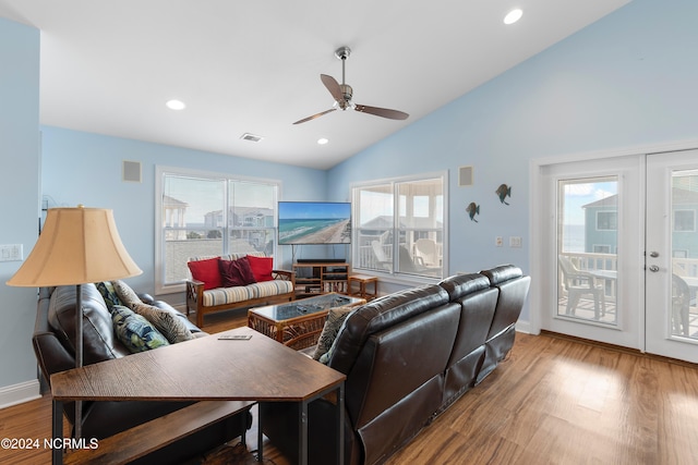 living room with wood finished floors, a ceiling fan, visible vents, and recessed lighting