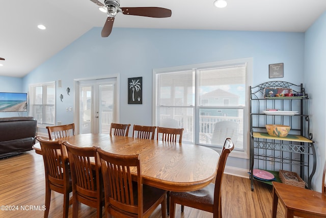 dining area with vaulted ceiling, baseboards, recessed lighting, wood finished floors, and ceiling fan