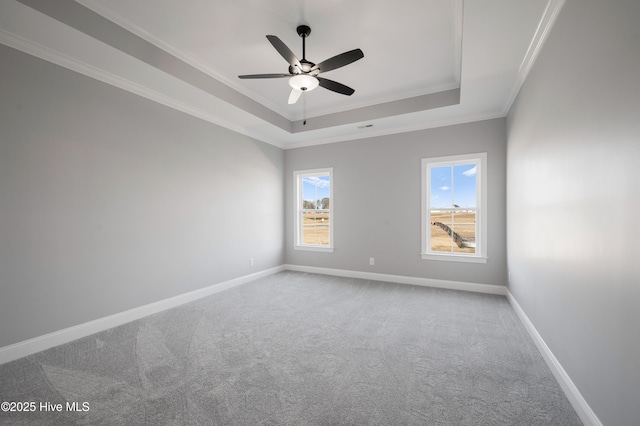 unfurnished room with crown molding, a tray ceiling, ceiling fan, and carpet flooring