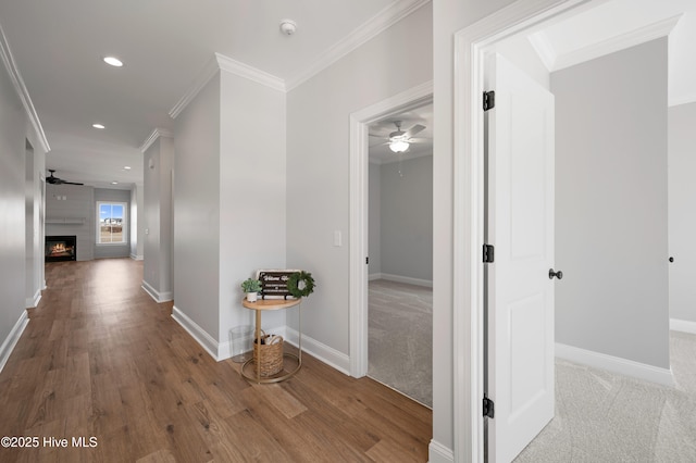 hallway with wood-type flooring and ornamental molding