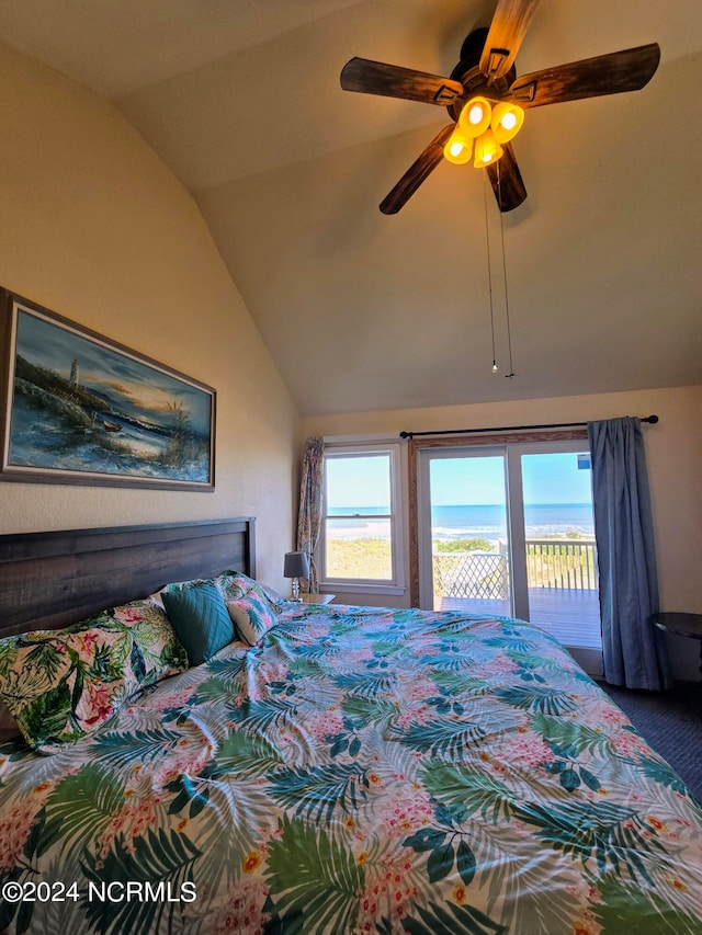 bedroom featuring access to outside, lofted ceiling, carpet flooring, and ceiling fan