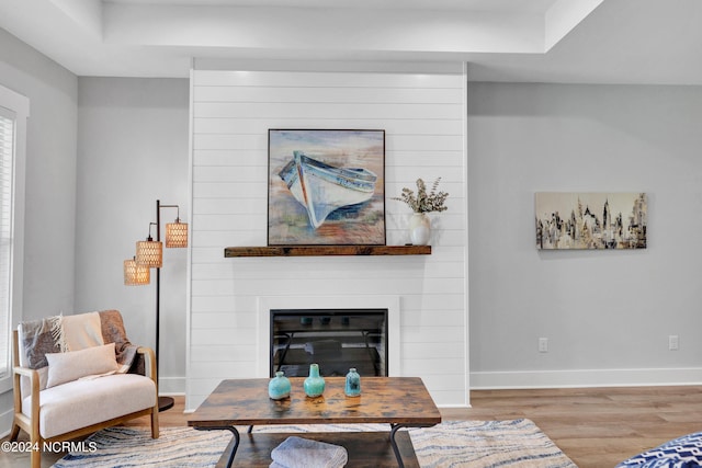 living room featuring a raised ceiling, a fireplace, and light hardwood / wood-style flooring