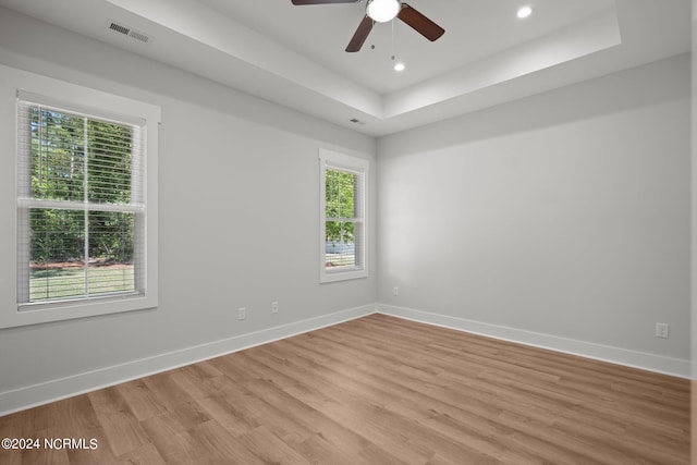 unfurnished room with a healthy amount of sunlight, light hardwood / wood-style floors, and a tray ceiling